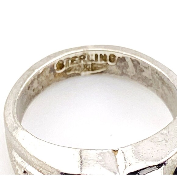 Vintage Sterling Silver Three Stone Signet Ring Sz 6 Simulated Sapphire - Picture 7 of 7